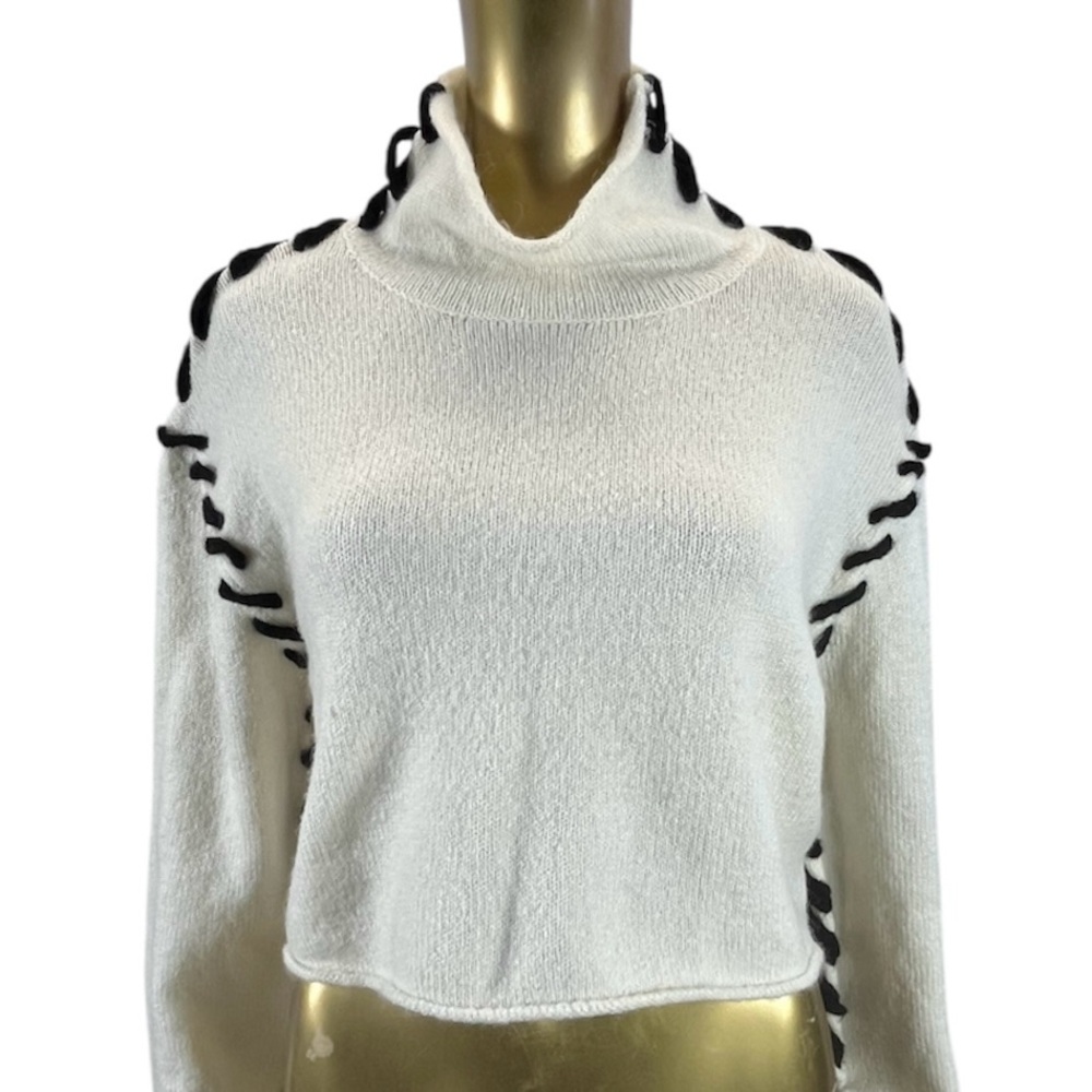Oak + Fort Cropped Whipstitch Sweater XS Cream Black Knit Pullover